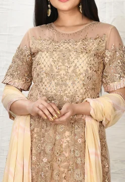 Embroidered Net A Line Suit in Beige