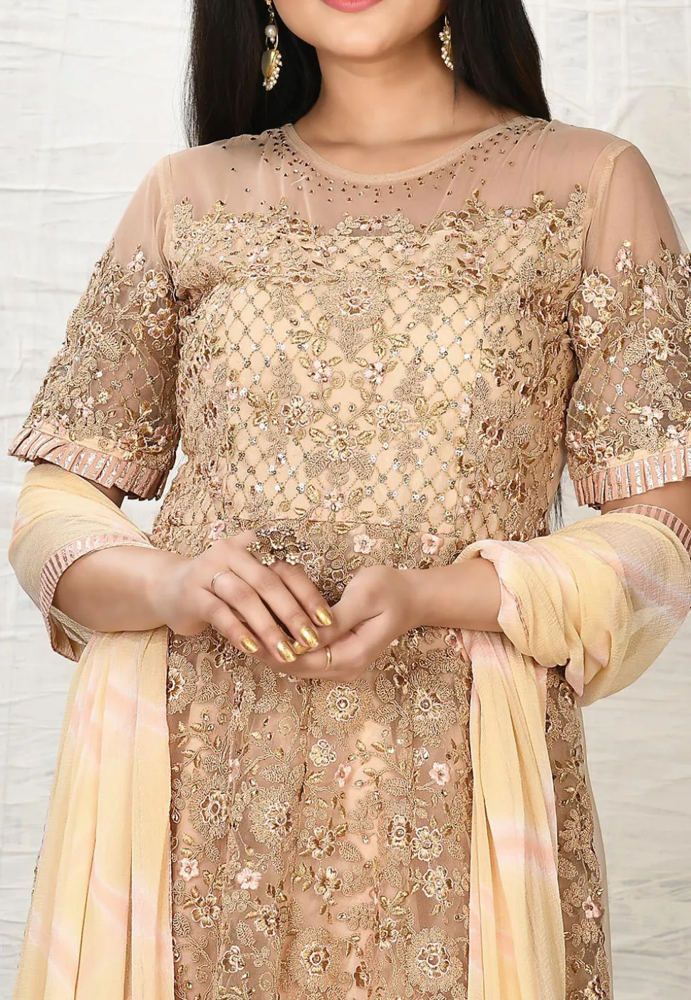 Embroidered Net A Line Suit in Beige
