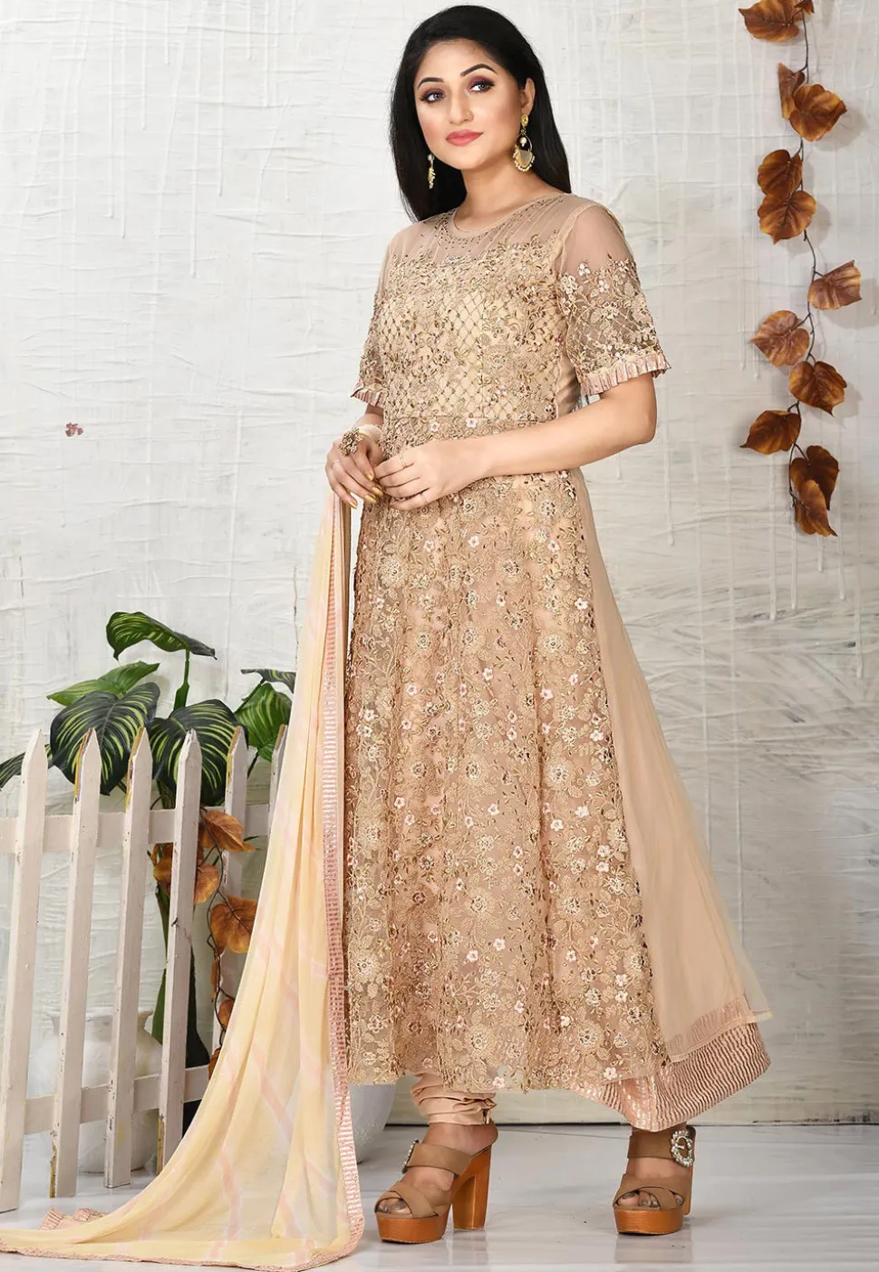 Embroidered Net A Line Suit in Beige