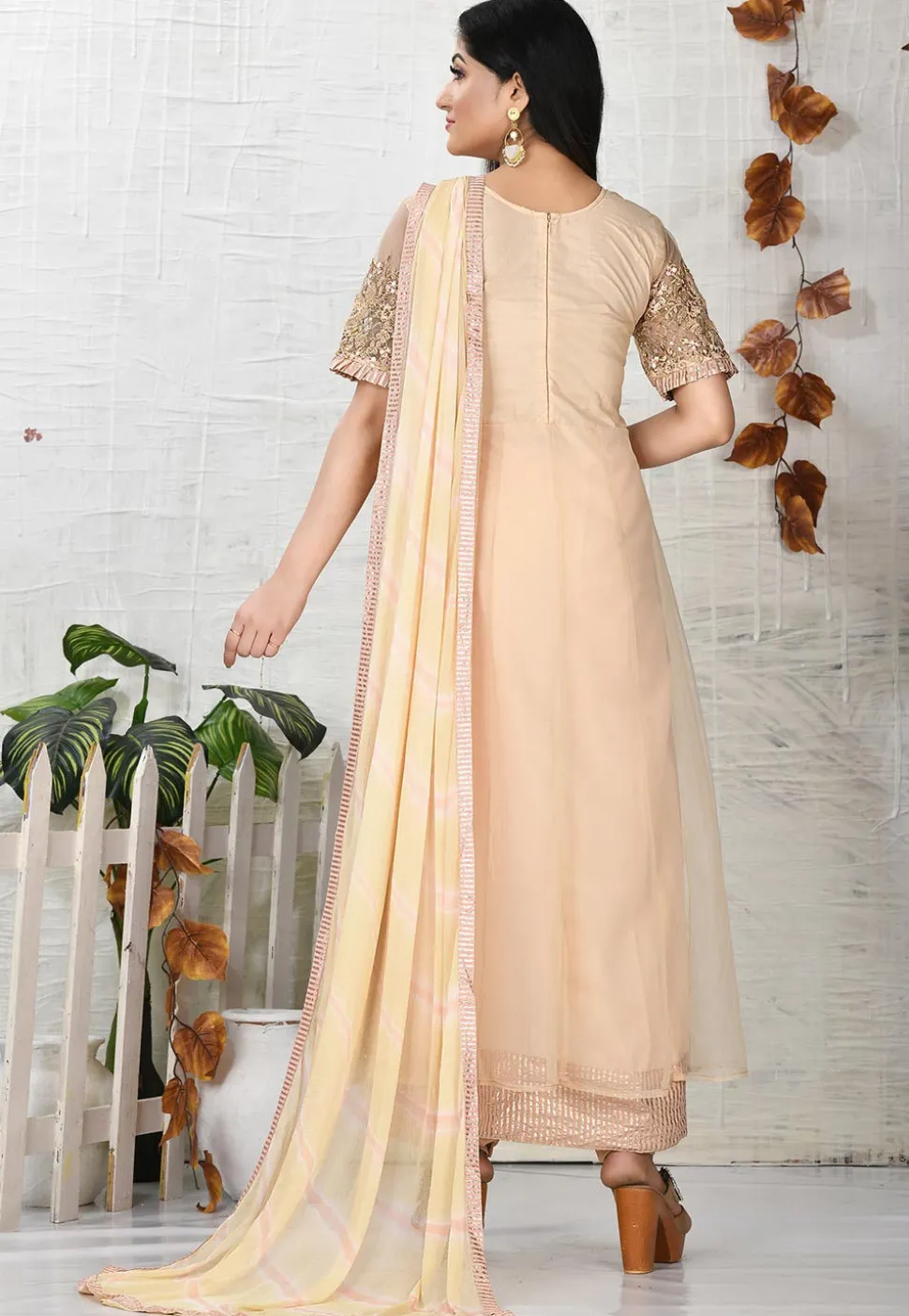 Embroidered Net A Line Suit in Beige
