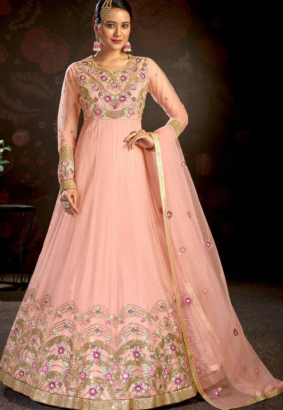 Embroidered Net Abaya Style Suit in Pink