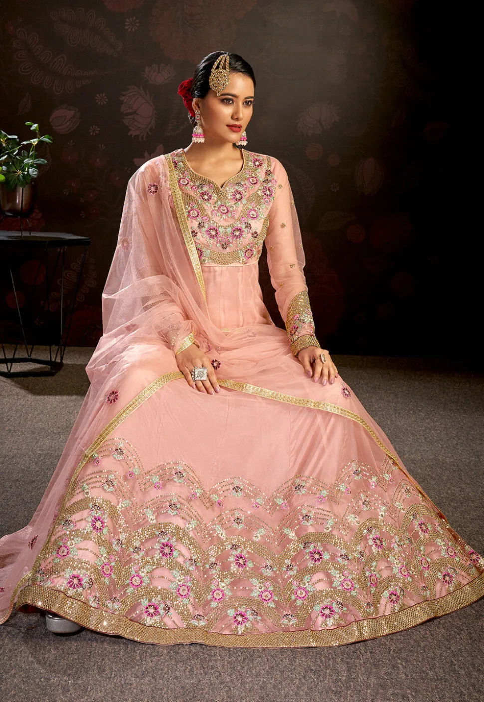Embroidered Net Abaya Style Suit in Pink