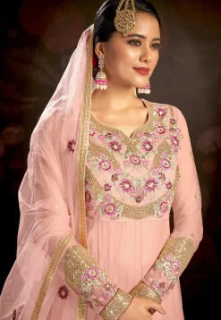 Embroidered Net Abaya Style Suit in Pink