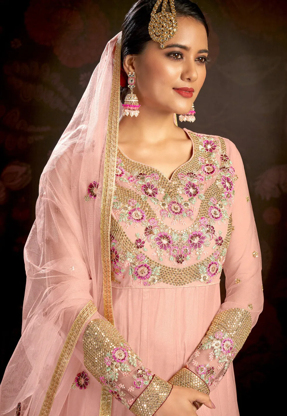 Embroidered Net Abaya Style Suit in Pink