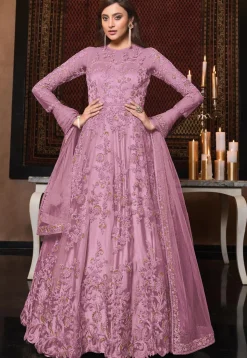 Embroidered Net Abaya Style Suit in Purple
