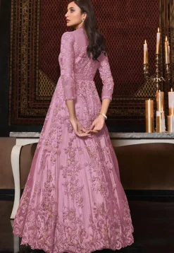 Embroidered Net Abaya Style Suit in Purple