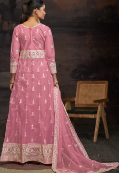 Embroidered Net Abaya Style Suit in Pink