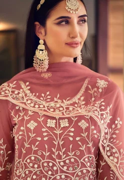 Embroidered Net Abaya Style Suit in Old Rose
