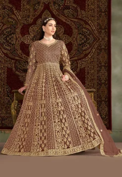Embroidered Net Abaya Style Suit in Rose Gold