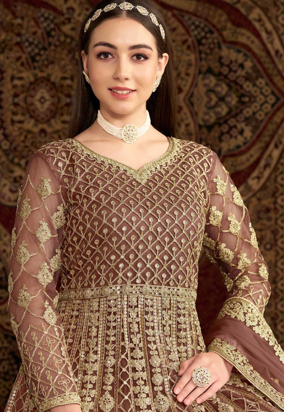 Embroidered Net Abaya Style Suit in Rose Gold