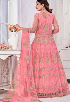 Embroidered Net Abaya Style Suit in Pink