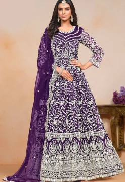 Embroidered Net Abaya Style Suit in Purple