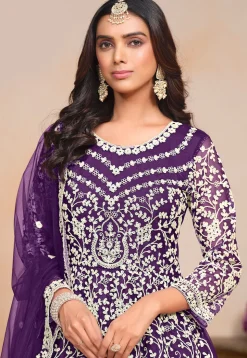 Embroidered Net Abaya Style Suit in Purple