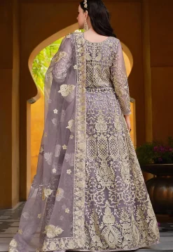Embroidered Net Abaya Style Suit in Purple
