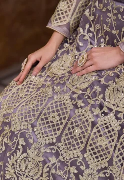 Embroidered Net Abaya Style Suit in Purple