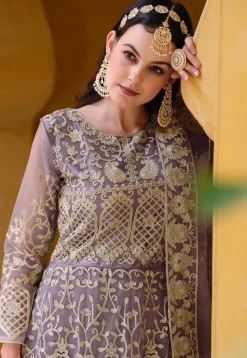 Embroidered Net Abaya Style Suit in Purple