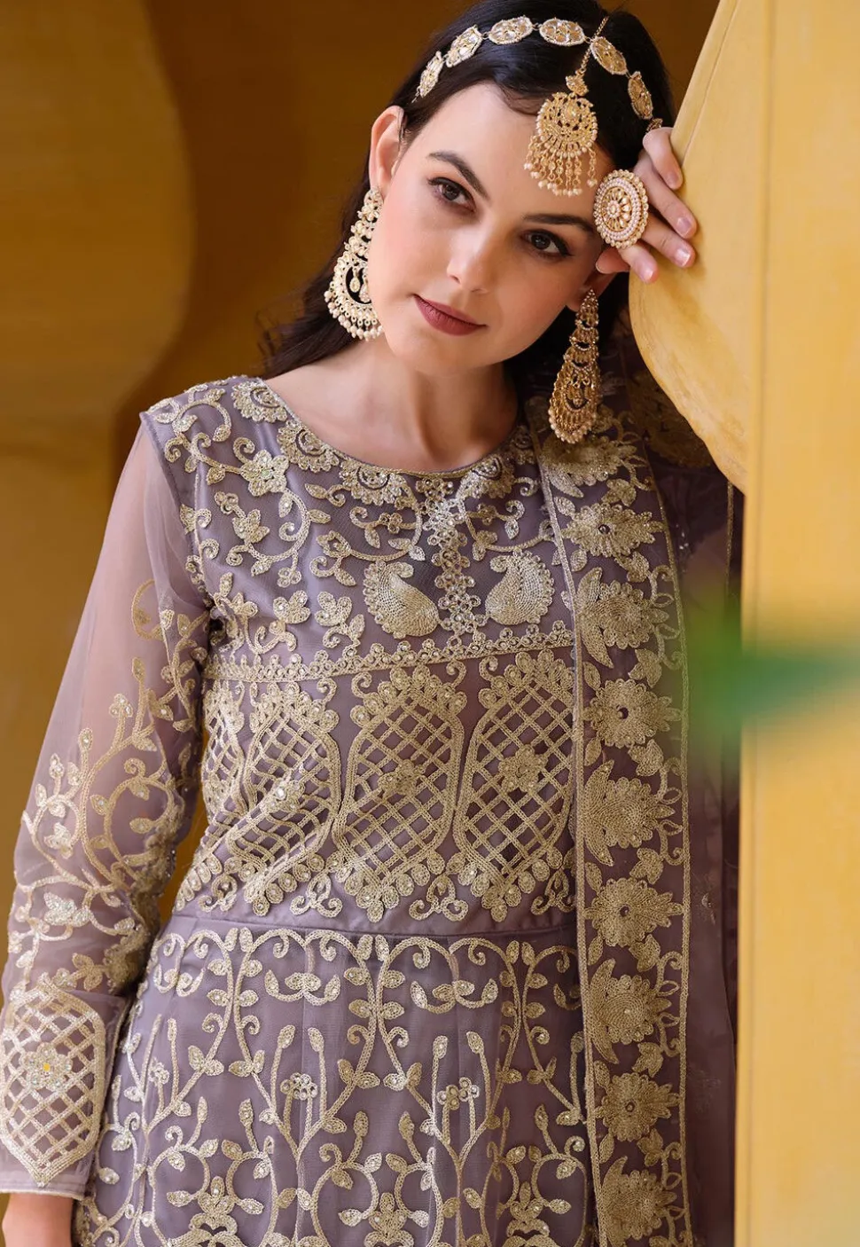 Embroidered Net Abaya Style Suit in Purple