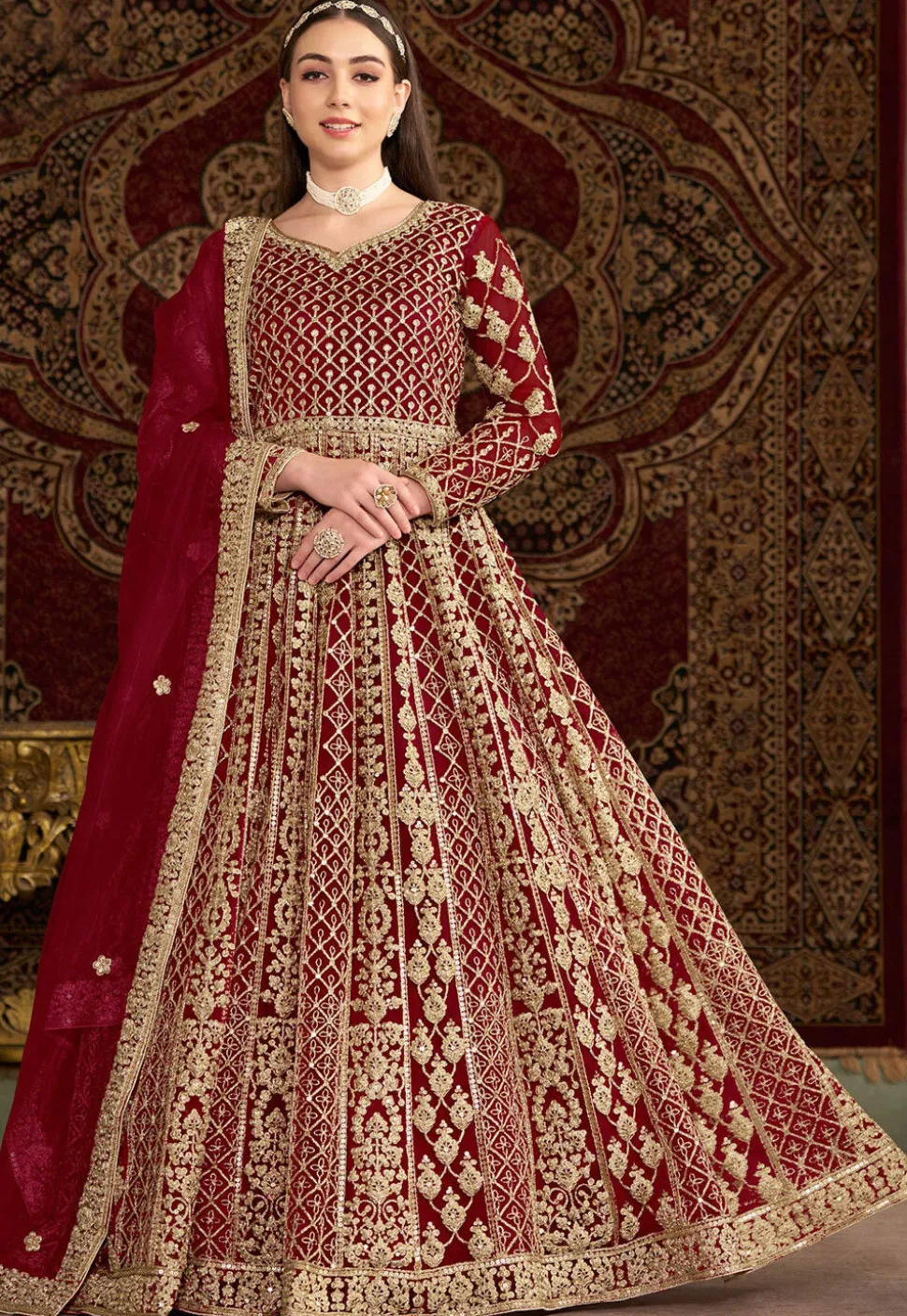 Embroidered Net Abaya Style Suit in Maroon