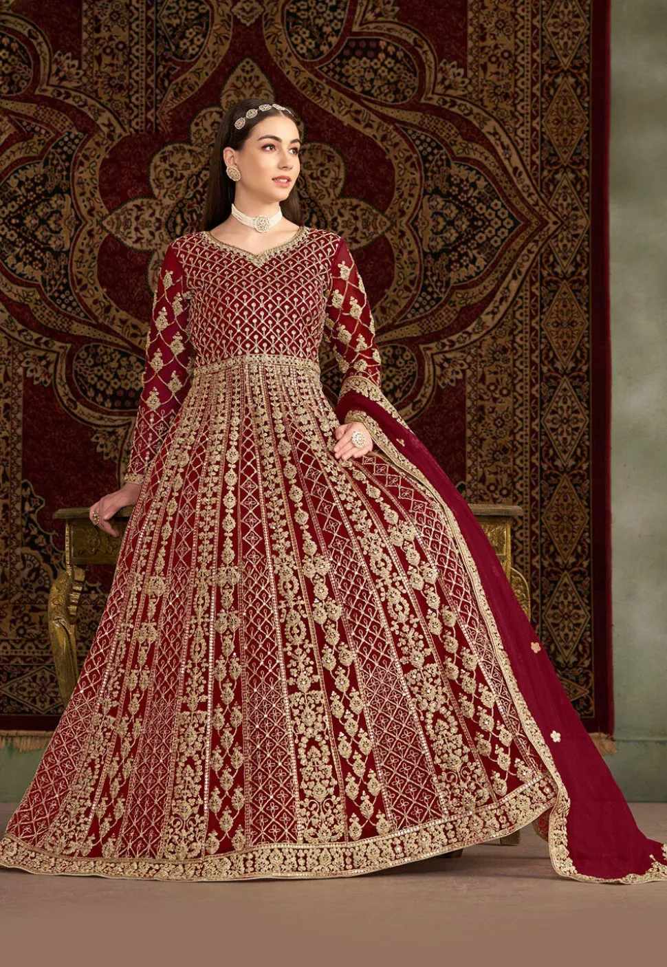 Embroidered Net Abaya Style Suit in Maroon