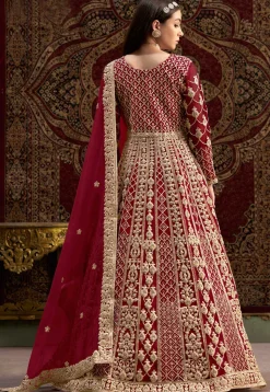 Embroidered Net Abaya Style Suit in Maroon