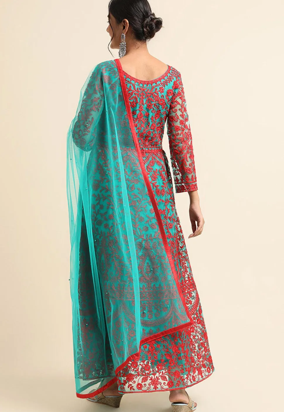 Embroidered Net Abaya Style Suit in Sea Green and Red