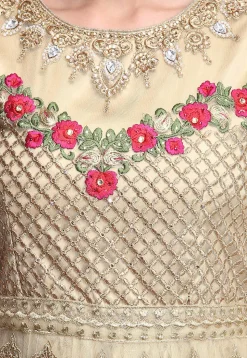 Embroidered Net Abaya Style Suit in Beige