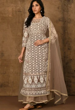Embroidered Net Abaya Style Suit in Beige