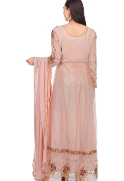 Embroidered Net Abaya Style Suit in Dusty Pink