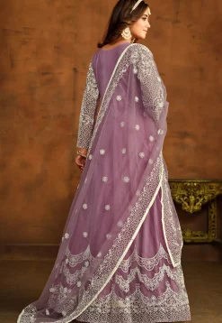 Embroidered Net Abaya Style Suit in Purple