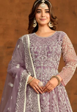 Embroidered Net Abaya Style Suit in Purple
