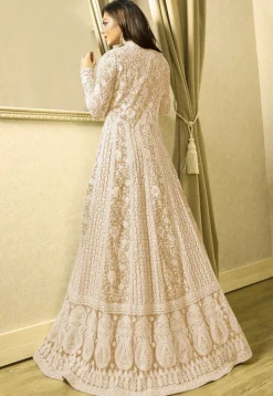 Embroidered Net Abaya Style Suit in Light Beige