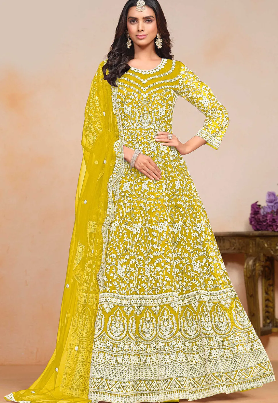 Embroidered Net Abaya Style Suit in Mustard