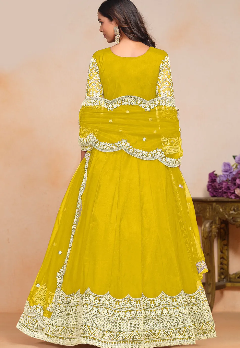 Embroidered Net Abaya Style Suit in Mustard