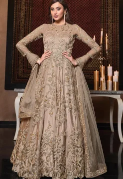 Embroidered Net Abaya Style Suit in Beige