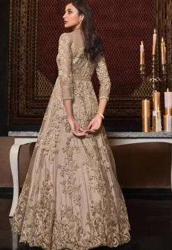 Embroidered Net Abaya Style Suit in Beige