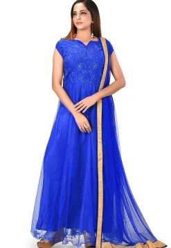 Embroidered Net Abaya Style Suit in Royal Blue