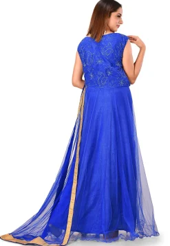 Embroidered Net Abaya Style Suit in Royal Blue