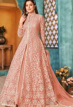 Embroidered Net Abaya Style Suit in Peach