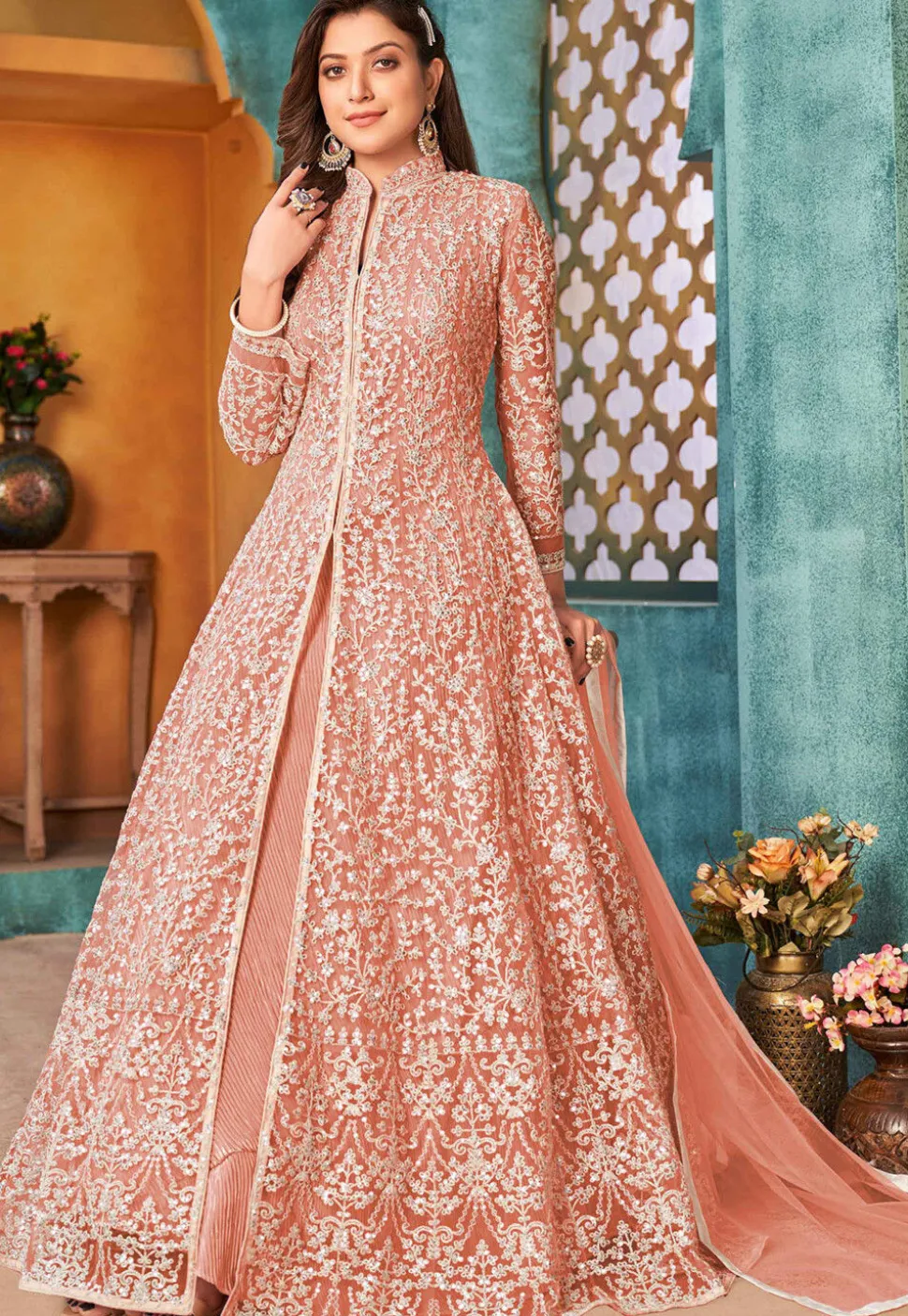 Embroidered Net Abaya Style Suit in Peach