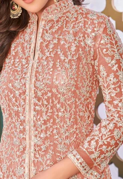 Embroidered Net Abaya Style Suit in Peach