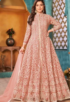 Embroidered Net Abaya Style Suit in Peach