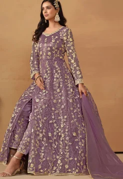 Embroidered Net Abaya Style Suit in Purple
