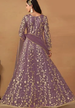 Embroidered Net Abaya Style Suit in Purple