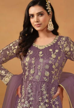 Embroidered Net Abaya Style Suit in Purple