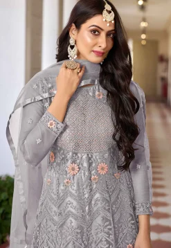 Embroidered Net Abaya Style Suit in Grey