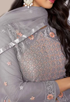 Embroidered Net Abaya Style Suit in Grey