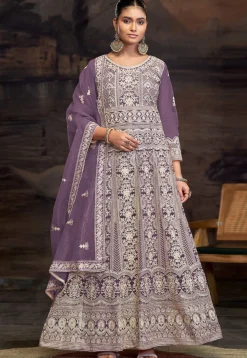 Embroidered Net Abaya Style Suit in Purple