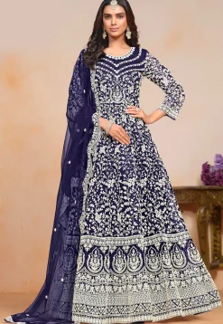 Embroidered Net Abaya Style Suit in Navy Blue