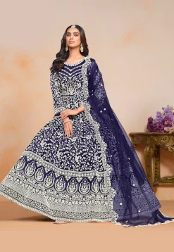 Embroidered Net Abaya Style Suit in Navy Blue