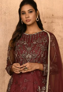 Embroidered Net Abaya Style Suit in Maroon
